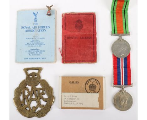 WW2 British Campaign Medals &amp; Paperwork of RAF Interest, consisting of 1939-45 Defence medal and 1939-45 War medal housed