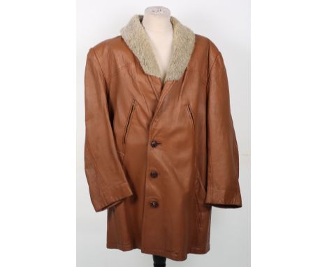 Vintage Style Tan Leather Coat, light tan leather with pressed leather football style buttons, zip top pockets and lower slas