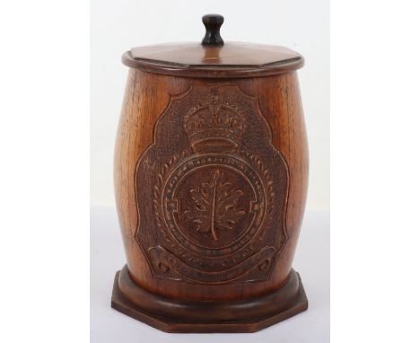 No5 Squadron Royal Air Force Barrel Caddy, finely made wooden barrel with deep carving in the form of the squadron badge for 