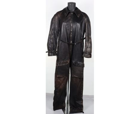 1940’s Black Leather Aviators One Piece Flight Suit, with front zip, side zips, single button down knee pockets, woollen stor