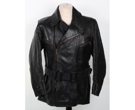 Vintage German Leather Aviators / Motoring Jacket, black leather long bodied jacket with diagonal front zip, angled zipped br