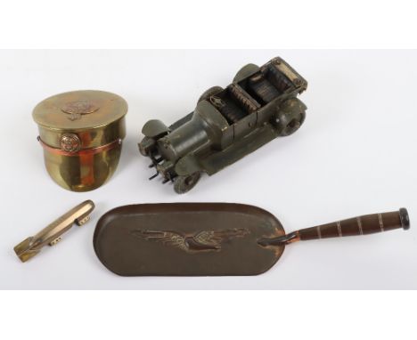 Great War Trench Art of Royal Naval Air Service Interest, base of a 18pdr British shell case cut into a peaked cap with RNAS 