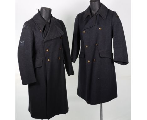 1940 Royal Canadian Air Force (R.C.A.F) Greatcoat, blue woollen greatcoat with embroidered RAF airman arm badges to the shoul