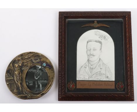 Brass Circular Frame of WW1 Royal Air Force Interest, cast brass frame with relief of victory and an enamelled RAF sweetheart