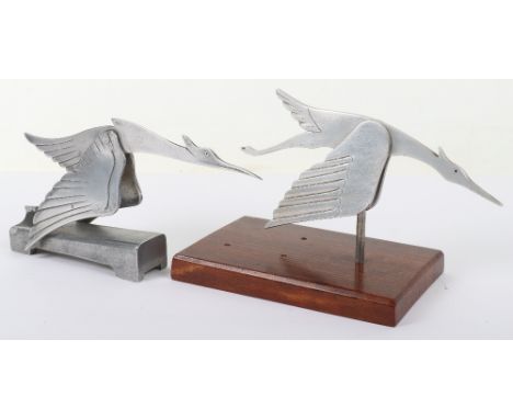 2x Mascots of Hispano Suiza Style Flying Storks, both produced in a light alloy. Show the flying stork with downturned wings.