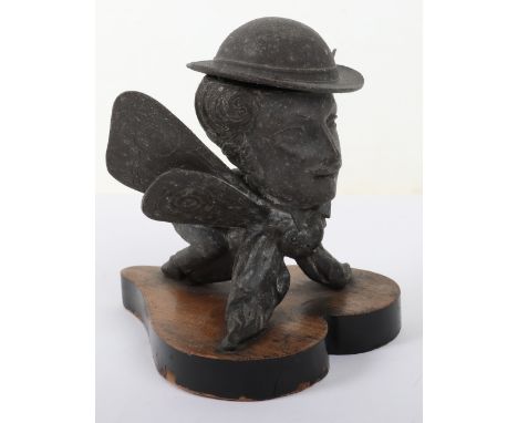 Early Aviation Themed Inkwell / Mascot, being a cast alloy figure of a gentleman in bowler hat riding a large double winged h