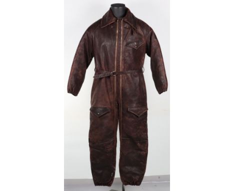 One Piece Leather Flight Suit, fine example of a 1930’s period brown leather flight suit with a winged brass and enamel insig