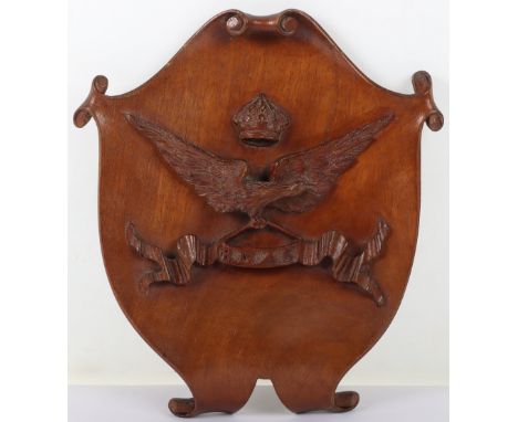 Royal Naval Air Service Shield, superbly carved Royal Naval Air Service piece with a dark wood crowned eagle above a ribbon w