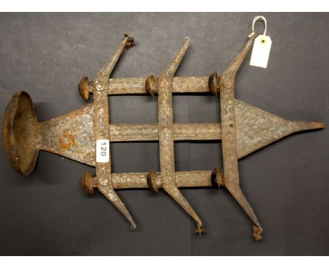 An interesting wrought and hammered iron hanging oil lamp, H. 53cm. Prov. Estate of the late Dr. James (Jim) Bynon.