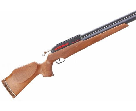 A .22 Cal. Logun MK2 Pre-Charged Air Rifle. Serial No.26558. Std. Specs. Walnut pistol grip stock with cheek piece. Sights mi