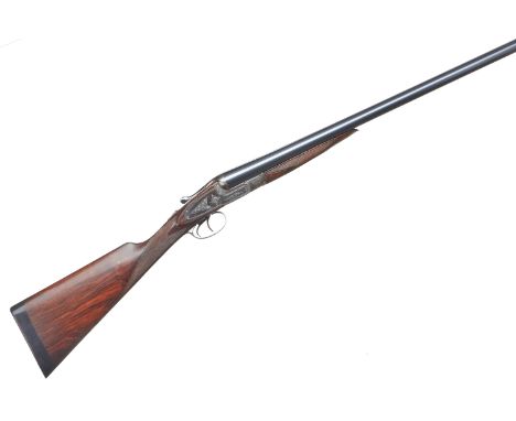 Ribbed Vulcanite extension to butt, chequered straight grip and forend, tapered rib engraved 'W.H. POLLARD & SON'. The fences