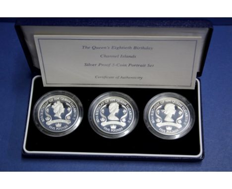 A cased Royal Mint 2006 Channel Islands silver proof three coin portrait set for 'The Queens 80th Birthday'. 