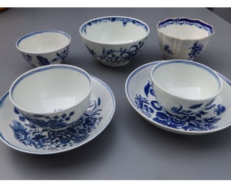 An 18thC Worcester blue &amp; white tea bowl &amp; saucer in the Fence &amp; Two Birds pattern, crescent marks with capital R