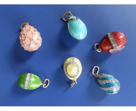 Six guilloche enamel &amp; paste set egg pendants in differing colours, slightly varying in size, approximately 20mm.