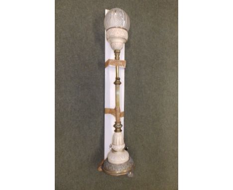 A Victorian telescopic brass oil lamp by Hinks with Doulton ceramic fittings, 40" excluding later cut glass shade - modified.