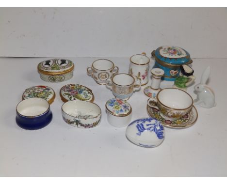 Three modern enamel boxes and a various miniature ceramic items.