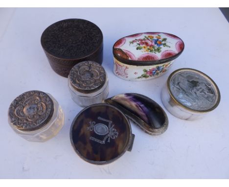 A shell snuff box - 'J.A.H.'s Compliments' and six other boxes/jars. (7)