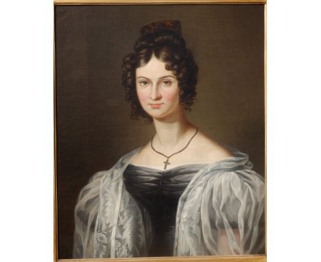 Early 19thC British School - oil on canvas -  Half length portrait of Mrs Sydney Maria Wooler (nee Allbutt, 1806-1832)) in gr