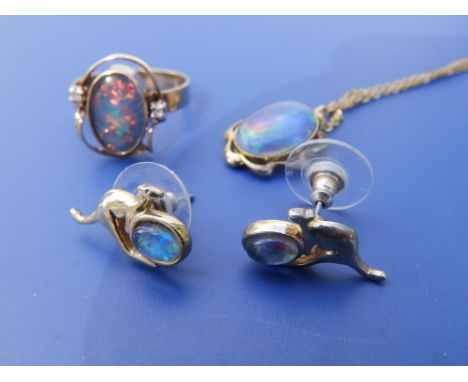 A modern Australian black opal doublet pendant, ring and pair of kangaroo earrings. (4)