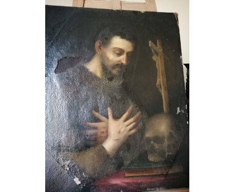 19thC Continental School -  Memento mori figure study with skull, 28" x 22" - unframed - a/f.