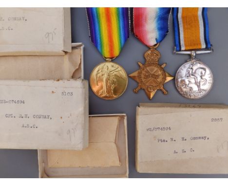A WWI medal trio awarded to M2/074594 Cpl. R H Conway ASC, comprising 1914-15 Star, War &amp; Victory Medals, in their boxes.