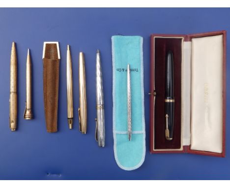 A silver Montegrappa 1055 VI ballpoint pen, a Tiffany silver biro, a cased Parker Duofold presentation fountain pen and four 