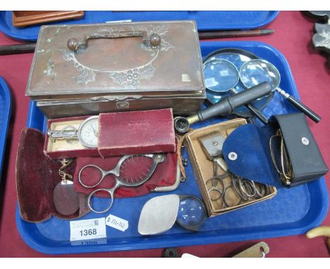 Egg Topper, Scissors, Pince-nez, magnifying glasses, soft metal box (damaged), compass, shot measure, etc:- One Tray