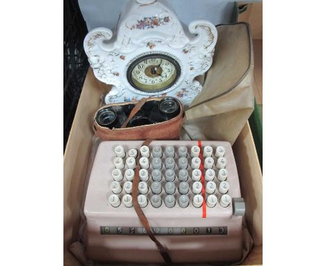 Bell Punch Adding Machine, Model 509. Prunier &amp; Son 8 x 30 binoculars, in case. Austrian Victoria porcelain cased mantle 