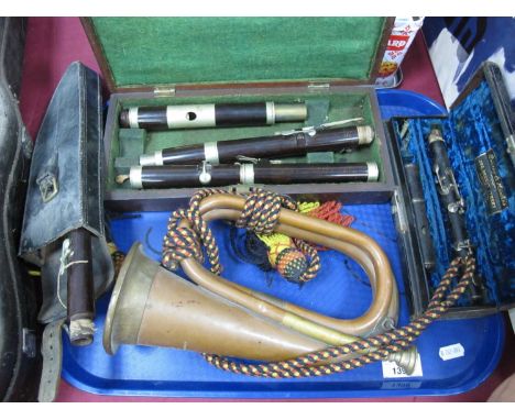 Boosey-Hawkes Piccolo, cased, flute, copper, brass bugle, etc:- One Tray.Boosey and Hawkes appears to have a chip to one end.