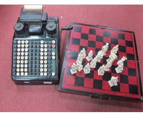 Burroughs Adding Machine. Oriental resin chess set.