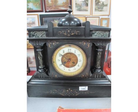 Late XIX Century Black Slate Cased Mantle Clock, of architectural form with green marble pillars, and insets, Mougin eight-da