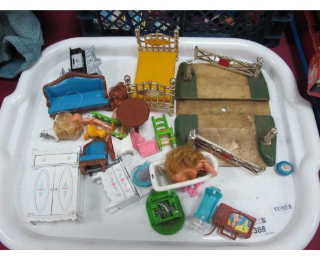 Mattel Metal Dolls Wardrobe, 8cm tall, dressing table, toilet, bath, bed, etc; Hornby level crossing:- One Tray
