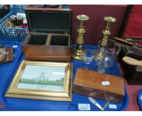 XIX Century Mahogany Tea Caddy, top with a brass insert, brass escutcheon, a pair of XIX Century brass candlesticks, XIX Cent