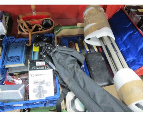 Pen Knives, cased Omega binoculars, Ranger compass, cased carving set, tripod stands, etc:- Two Boxes.