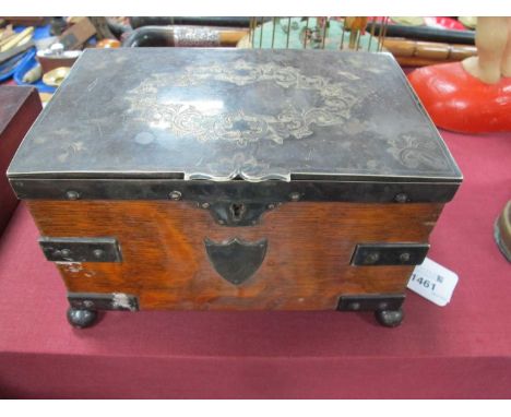 Early XX Century Oak Tea Caddy, with plated and engraved twin handles, on bun feet,No visible wood breaks, plated tarnishing 