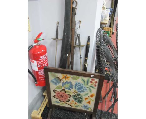 Border Bows Archers Bow, Lindop lacking string sword, two fencing foils, Crowley's whip, curtain pull, firescreen.