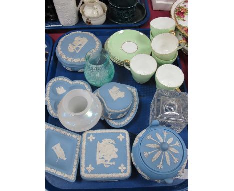 Wedgwood Blue Jasper Ware Trinket Boxes, pin tray, Wedgwood cups, saucers etc:- One Tray.