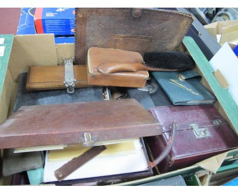 Early XX Century Leather Travelling Stationary Case, leather stationary wallet, early XX Century green leather gloves, handke