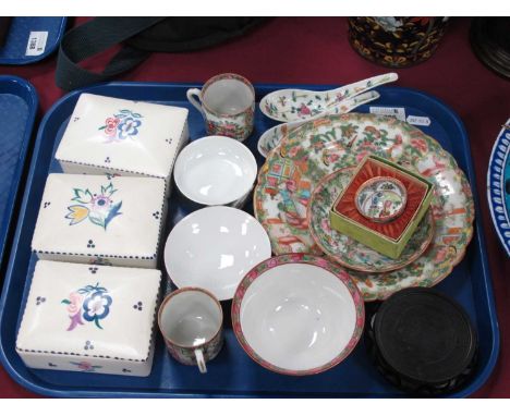 XIX Century Cantonese Plate, cups. Poole trinket boxes etc:- One Tray