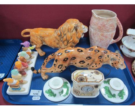 A Pair of Wedgwood Candlesticks, 'Chinese' pottery figures of a Lion, Leopard, Wedgwood mantel clock, etc:- One TrayLion and 