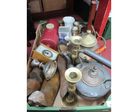Copper Kettle Plus Brass Example candle sticks, stoneware hot water bottle, cast iron shoe last, two wooden examples, carriag