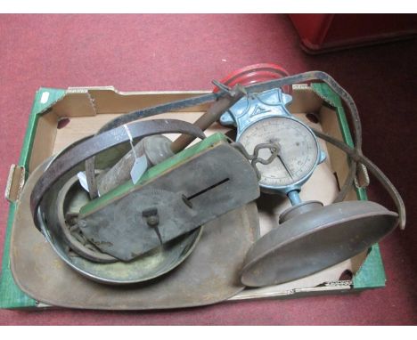 XIX Century Brass Jam Pan, with iron loop handle, 25cm diameter; Salter spring balance, family scale and meat jack.