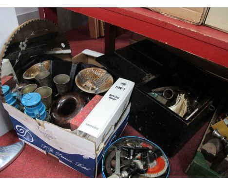 Mirror, Doulton scent spray, tools, Chinese circular box, storm lamp, brass door fittings, etc.