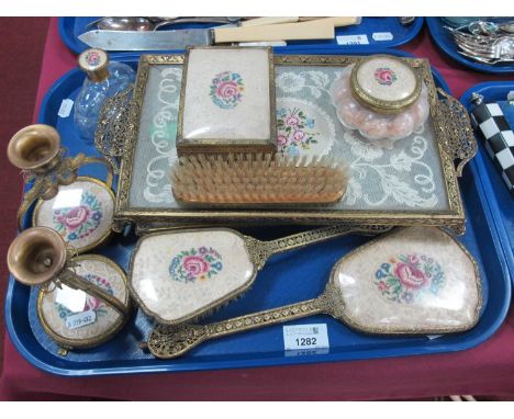 Dressing table set with lace detail comprising of brushes, mirror, tray, trinket box, perfume bottle, power puff, candlestick