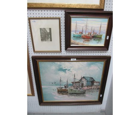 W. Jones, Fishing Trawlers Moored, two oil on canvas paintings, 40 x 50cm and 19.5 x 24cm. Venetian signed limited edition et