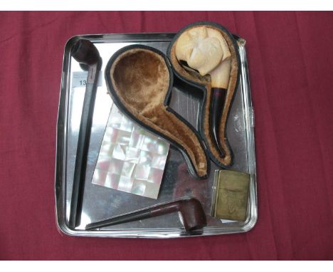 Mother of Pearl Cigarette Case, Meerschaum pipe, the bowl as an elephant's head, Briar and French pipes, Zippo lighter, 'Trin