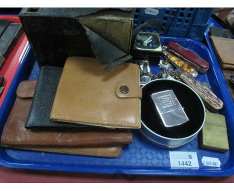 Hallmarked Job Chain, pen knives, two Zippo lighters, one other, Ensign box camera, leather wallets, etc.