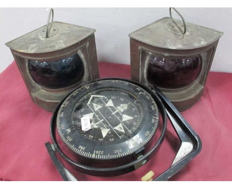 Copper 'Port' and 'Starboard' Lamps Stamped DL, 14cm each tall with handle down; Health Marine compass. (3)