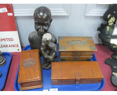 Oak Jewel Box, with Art Nouveau metal mounts, 19.5cm wide. Oak trinket box, carved African busts, leather box:- One Tray.