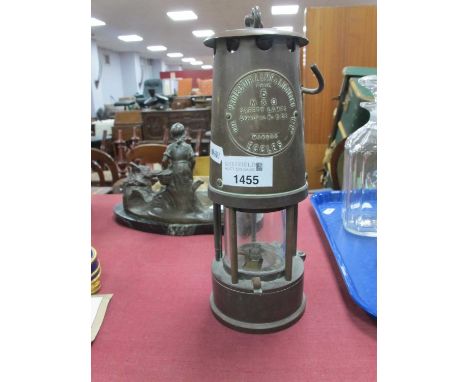 Protector Lamp &amp; Lighting Co, Miners Lamp in Brass, 24cm high with handle down.